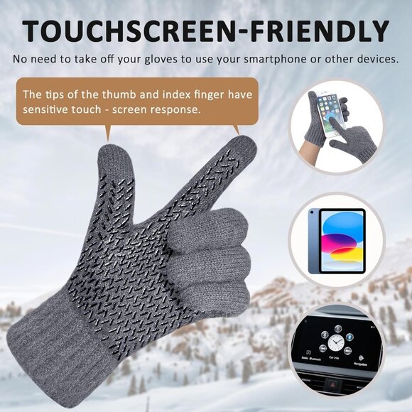 Men's Grey Winter Warm Fleece Lined Anti Slip Knit Touch Screen Gloves - Picture 4 of 6
